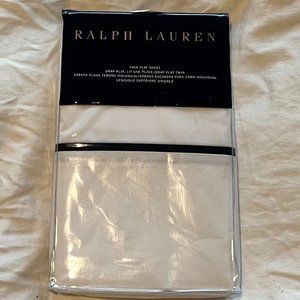 Ralph Lauren White and Polo Navy Twin Flat Sheet